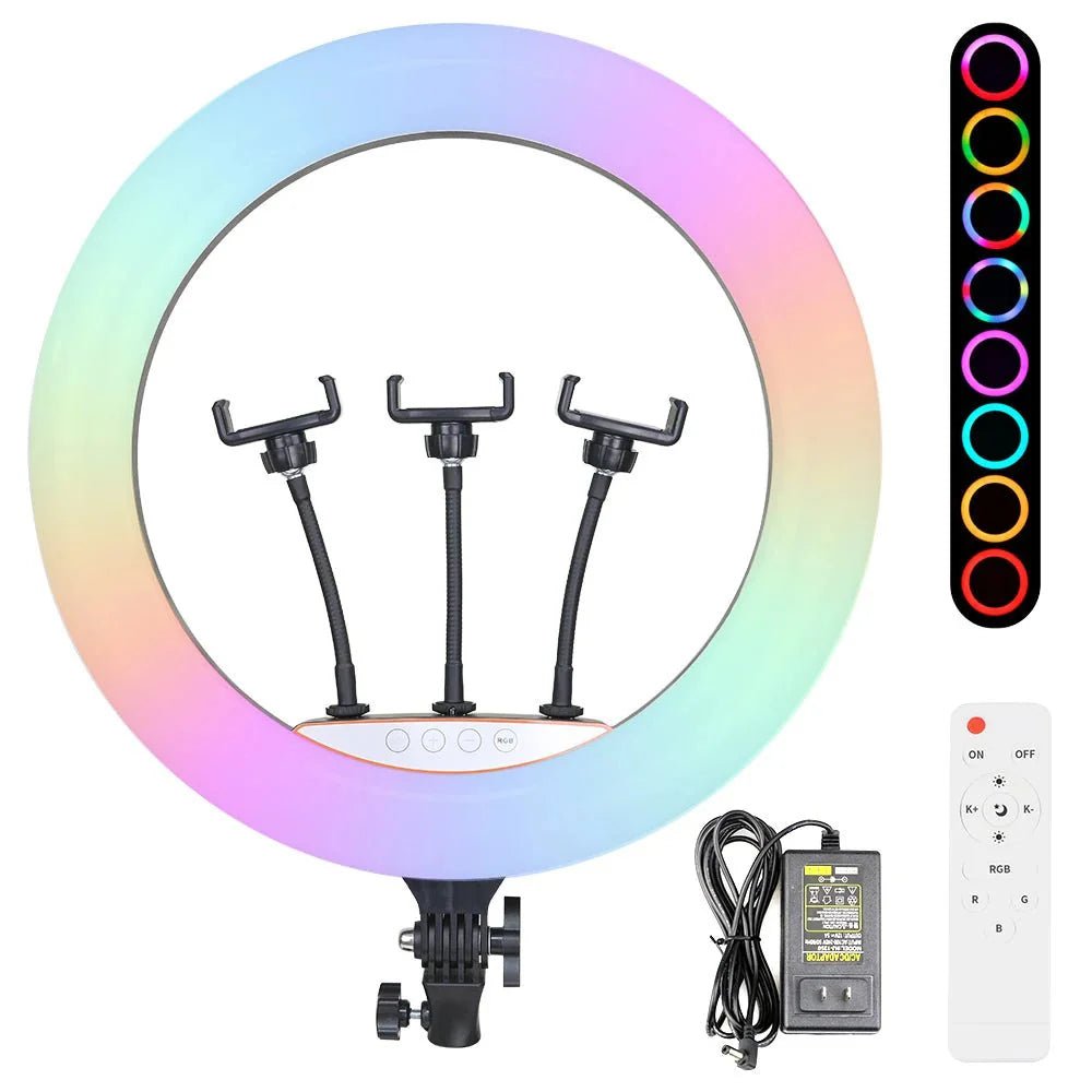 RGB LED Soft Ring Light MJ18 | 18 inch Ring Light with Tripod + Phone Holder | 16 RGB Modes | For TikTok, YouTube, Selfies, Makeup